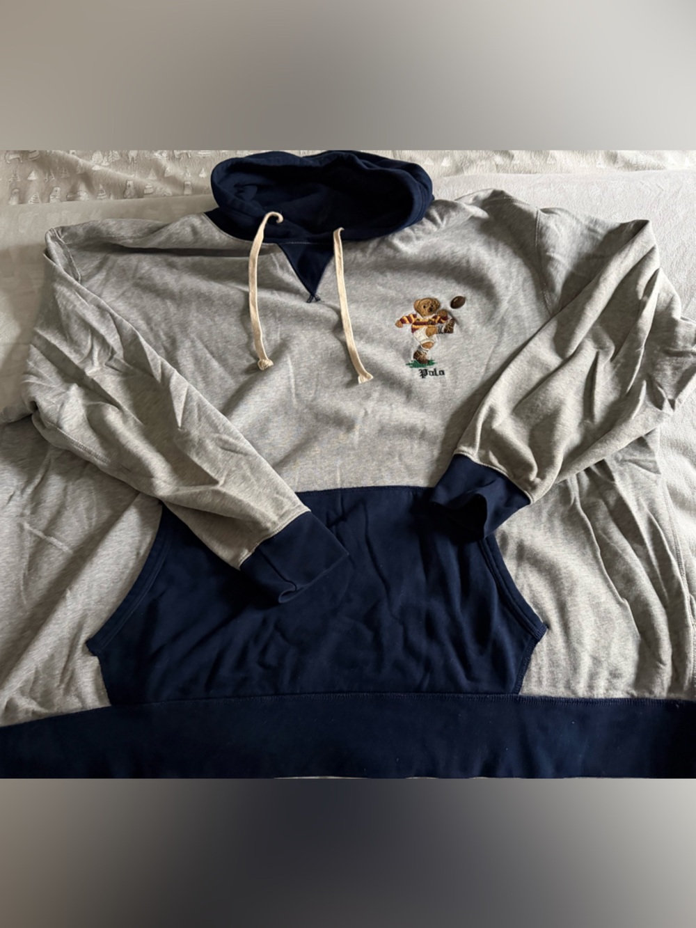 Ralph Lauren Navy and Gray Two-Tone Hooded Sweatshirt with embroidered polo bear